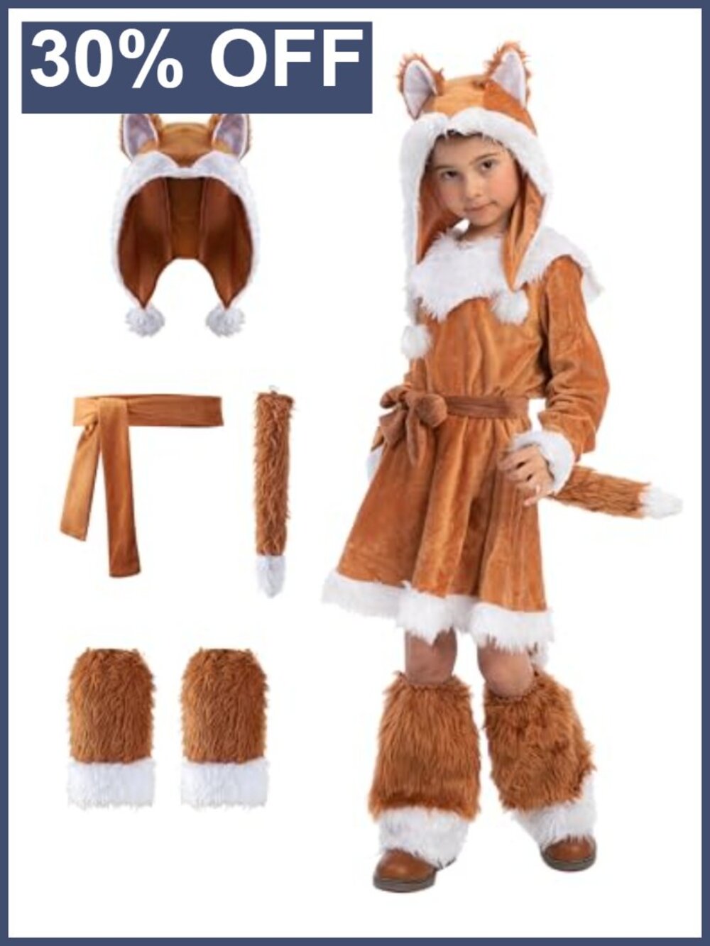 Girls Fox Costume Dress Plush Tail 3D Hood Boot Covers Halloween